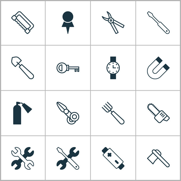 Instrument Icons Set. Collectie tuin vork, Clippers, schroevendraaier met moersleutel en andere elementen. Ook symbolen zoals Tomahawk, kettingzaag, wachtwoord. - Vector, afbeelding