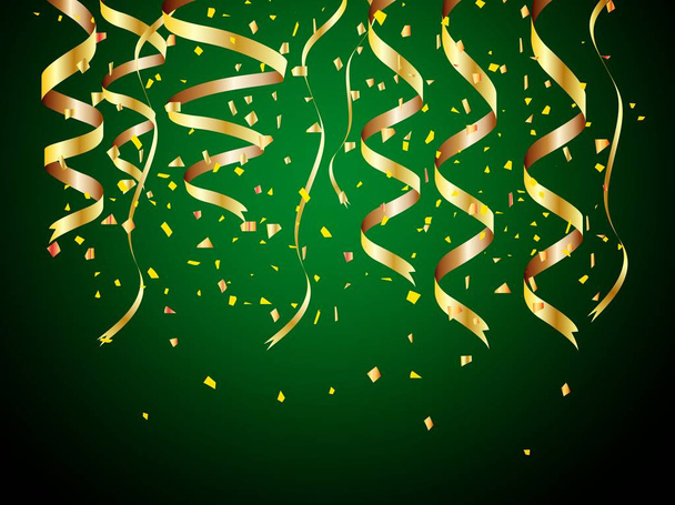 Gouden confetti feest geïsoleerd op groene achtergrond - Vector, afbeelding