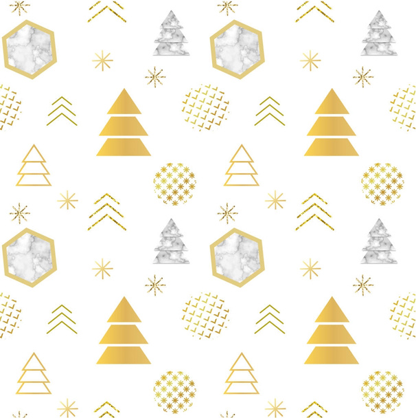 Kerst minimalistische naadloze patroon in trendy Scandinavische geometrische stijl met marmeren steen textuur kerstboom silhouet, sneeuwvlokken, bladmetaal en glitter, vakantie uitnodiging sjabloon - Vector, afbeelding