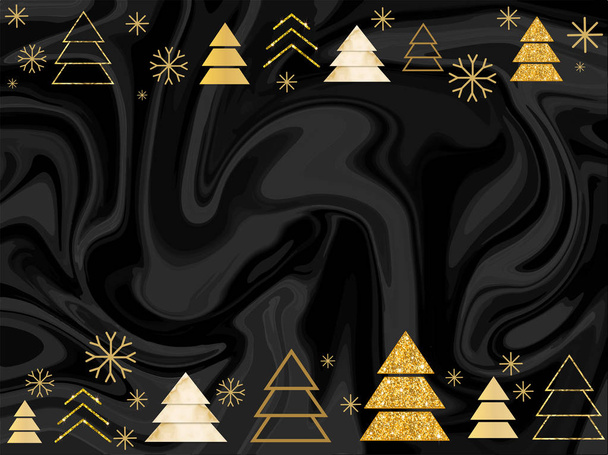 Winter minimalistische poster in de trendy Scandinavische geometrische stijl met marmeren steen textuur kerstboom silhouet, sneeuwvlokken, bladmetaal en glitter, vakantie uitnodiging sjabloon - Vector, afbeelding