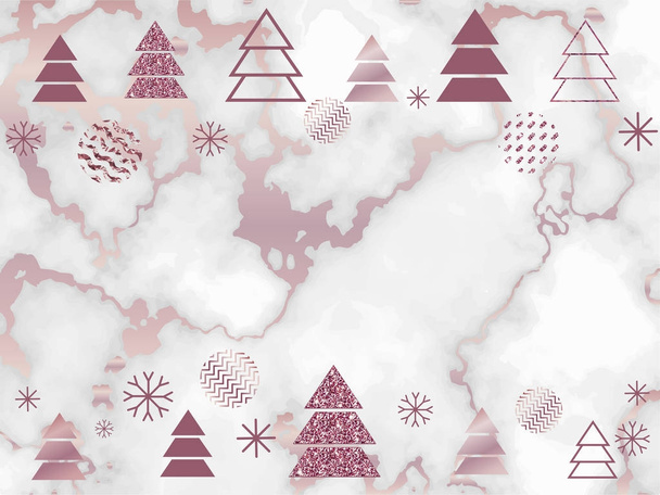 Зимний минималистский плакат в модном скандинавском геометрическом стиле с мраморной текстурой из роз золота, силуэт рождественской елки, снежинки, металлическая фольга и блеск, шаблон приглашения на праздник
 - Вектор,изображение