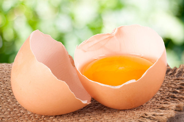 Uovo rotto con tuorlo e guscio d'uovo Su un tavolo di legno con uno sfondo sfocato giardino
 - Foto, immagini
