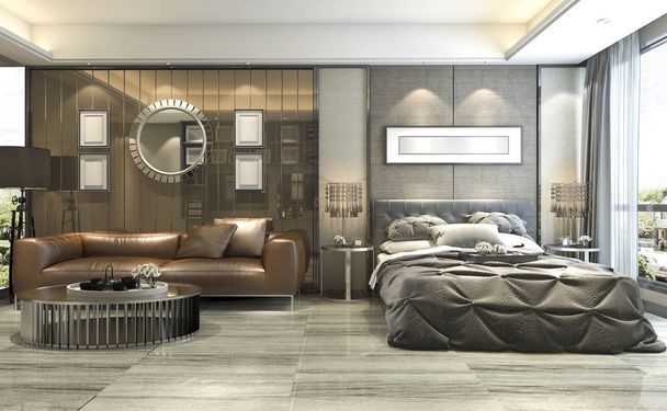 3D rendering luxe design woonkamer en slaapkamer in modern gebouw - Foto, afbeelding