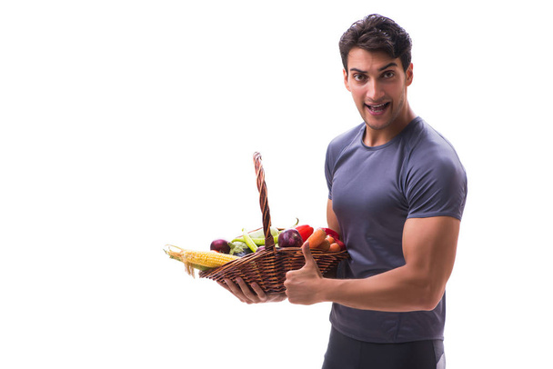 Hombre promoviendo los beneficios de comer sano y hacer deportes - Foto, Imagen