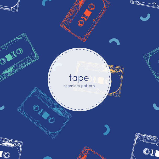 vintage audio tape cassette, seamless pattern. - Wektor, obraz