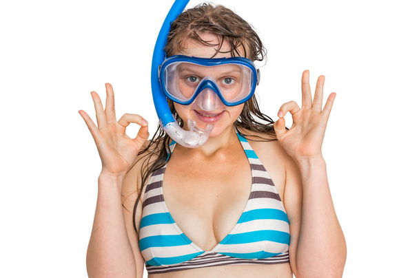 A snorkeling maszk, a búvárkodás, elszigetelt fehér nő - Fotó, kép