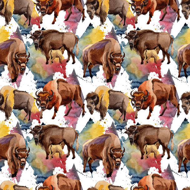 Exotic bison wild animal pattern in a watercolor style. - Photo, Image