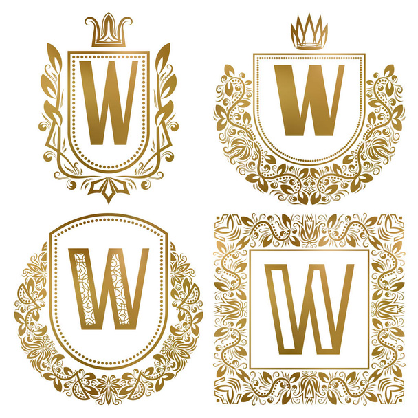 Набор золотых винтажных монограмм. Геральдические логотипы с буквой W
. - Вектор,изображение
