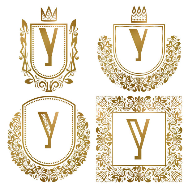Golden vintage monograms set. Heraldic logos with letter Y. - Vector, Image