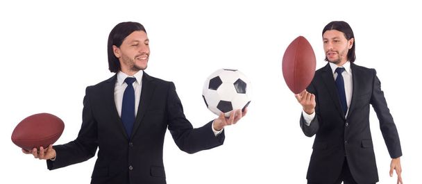 Biznesmen z piłką nożną na białym - Zdjęcie, obraz