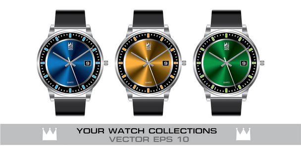 白い背景のベクトル図ステンレス鋼腕時計カラー グレー レザー ストラップ コレクション.  - ベクター画像