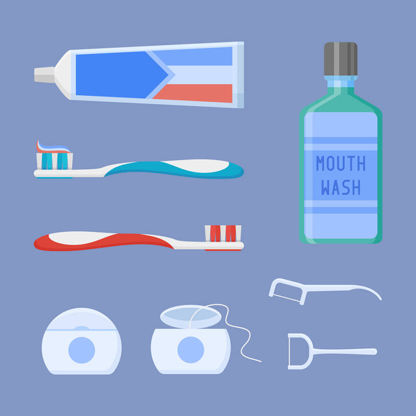 Sada zubní čištění nástrojů. Zubní pasta, kartáček na zuby, ústní voda, zubní nit a párátko. - Vektor, obrázek