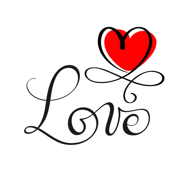 LOVE original custom hand lettering, handmade calligraphy, design element of the red heart flourish - Vettoriali, immagini