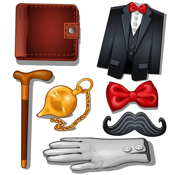 Gentleman aristocrat clothing and accessories - purse, evening suit, cane, watch, bow tie, mustache and gloves. Set of seven items isolated on white background. Vector illustration in cartoon style - Vektör, Görsel