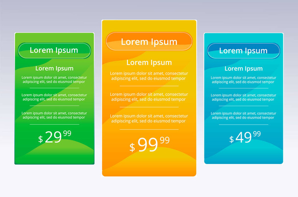 Three tariffs. UX Interface for the site. Vector banner for web app. Pricing table, banner, order, box, button, list and bullet with plan for website. - Vektör, Görsel
