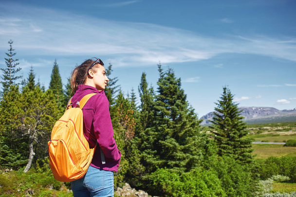 young woman hiker hiking in beautiful mountains - Photo, image