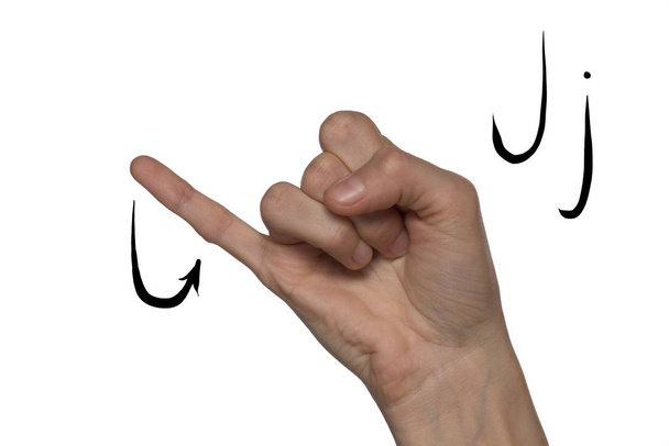 Алфавит для глухонемых людей с жестом руки и буквой на фоне
 - Фото, изображение