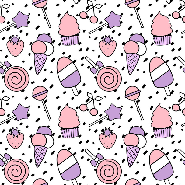 hand drawn black confetti on white background simple abstract seamless vector pattern illustration with colorful candies - Vector, Image