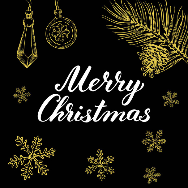 Feliz Natal! Elementos gráficos desenhados à mão e letras em cores douradas / pretas
 - Vetor, Imagem