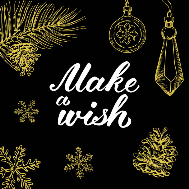 Make a wish! Hand drawn graphic elements and lettering in golden/black colors - Vetor, Imagem