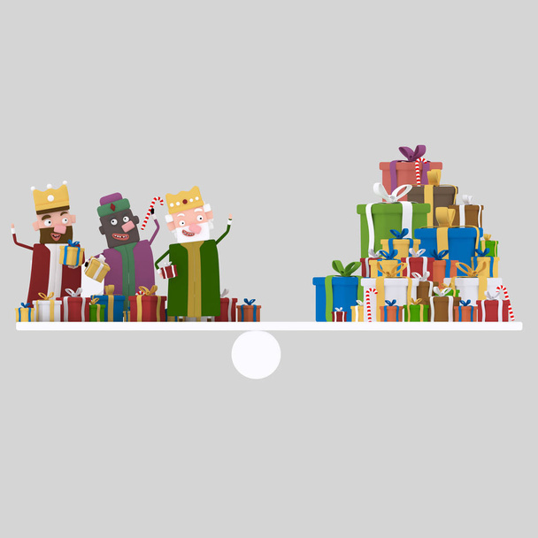 Three magic kings and gifts balance.3d illustration. - Photo, Image