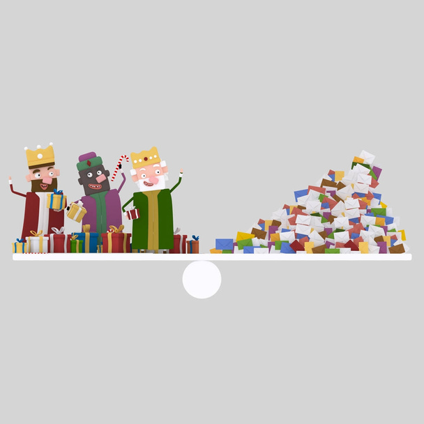 Three magic kings and heap of letters balance.3d illustration. - Photo, Image