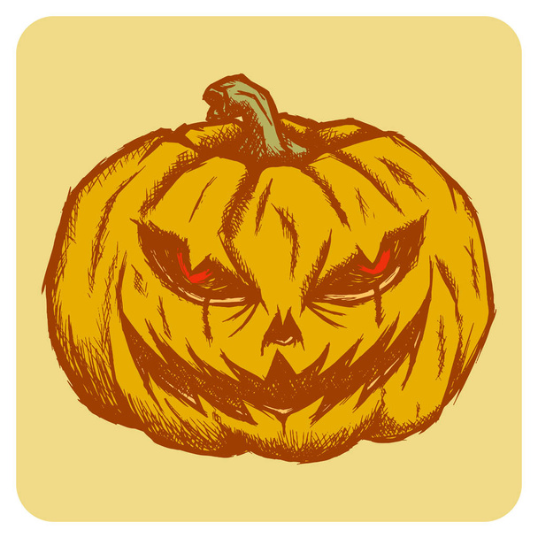 Hand drawn colored vector sketch illustration - creative vintage tee shirt apparel print poster design, Halloween evil pumpkin. - Vektör, Görsel