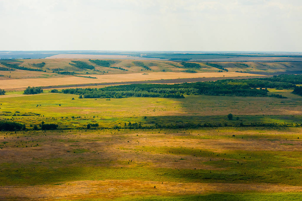Vue aérienne des champs et des prairies pendant une journée d'été - Photo, image