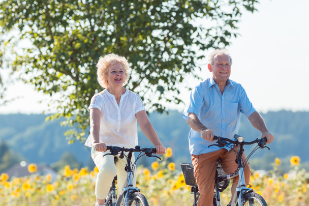 Casal de idosos ativos andando de bicicleta juntos no campo
 - Foto, Imagem