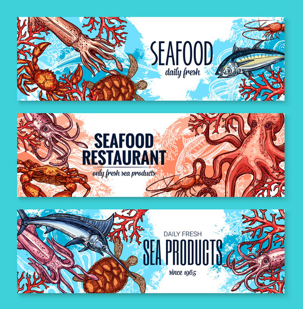 Vector banners sketch seafood fish for restaurant - Vector, Image