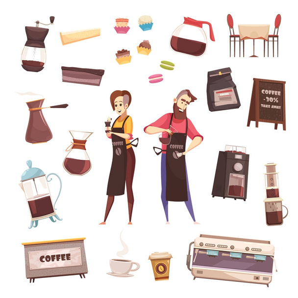 Hombre y mujer barista con máquina y accesorios en una cafetería. 424930  Vector en Vecteezy