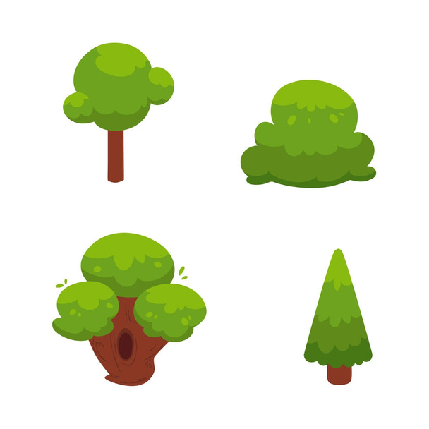 Набор плоских мультфильмов, комических зеленых летних деревьев
 - Вектор,изображение