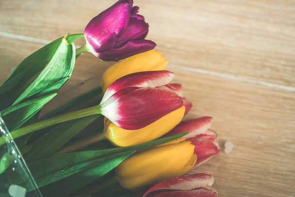 on a light wooden floor lie yellow, pink and purple tulips - Foto, afbeelding