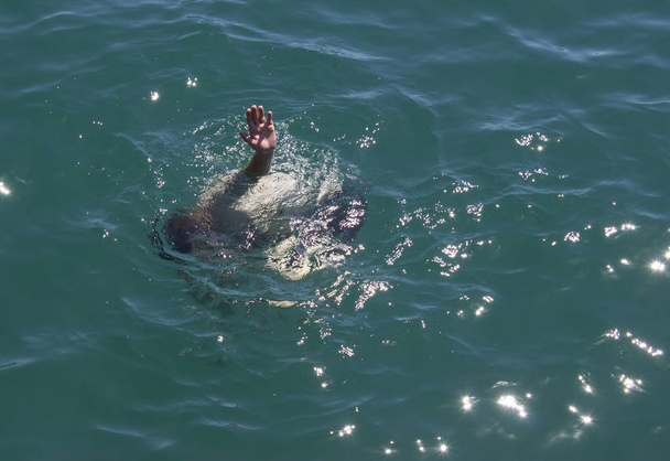 Человек тонет в морской воде, поднимает руку, чтобы спасти
 - Фото, изображение