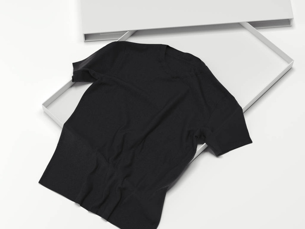 Black T-shirt in a white box. 3d rendering - Fotoğraf, Görsel