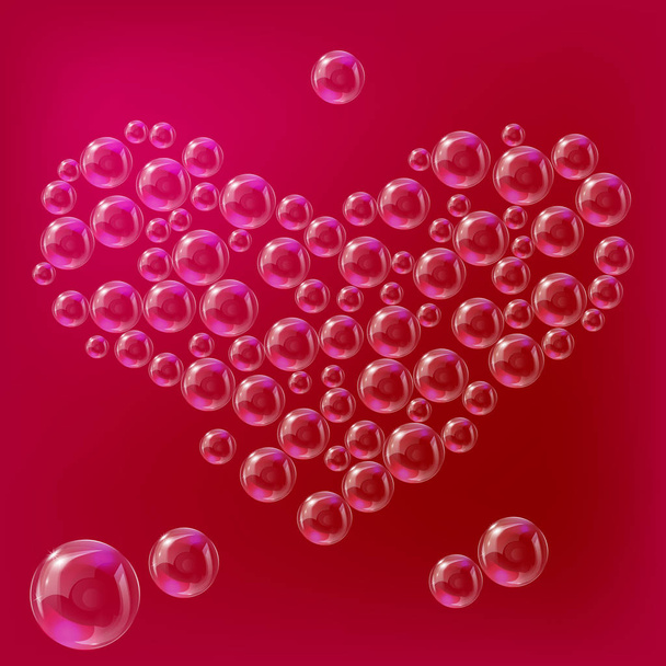 Καρδιά της διαφανείς φυσαλίδες σαπουνιού σε κόκκινο φόντο - Διάνυσμα, εικόνα