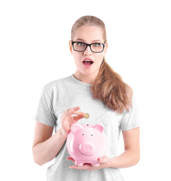 young woman with piggy bank - Φωτογραφία, εικόνα