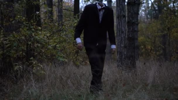 Μυστηριώδης φιγούρα ακέφαλο σε ένα επαγγελματικό κοστούμι με πεταλούδα περπάτημα στο το σκοτεινό δάσος την παραμονή του halloween - Πλάνα, βίντεο