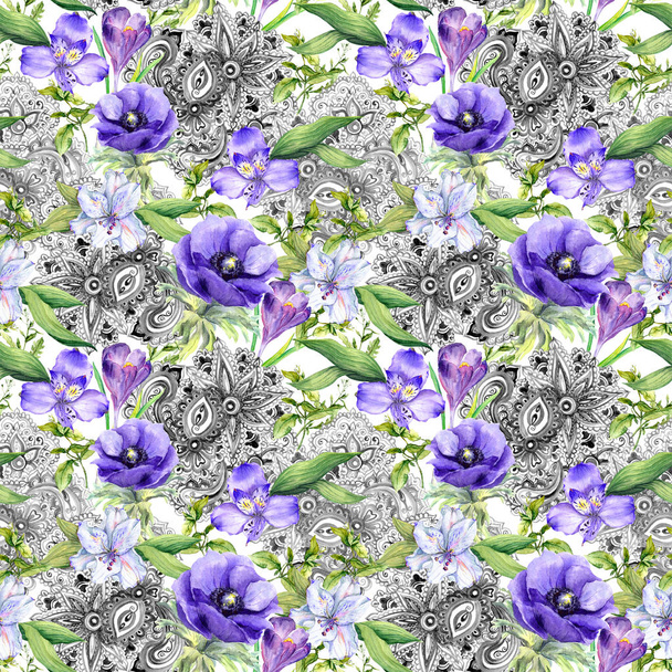 Floral vintage background - flowers and decor in bohemian style. Seamless pattern. Watercolor - Фото, зображення