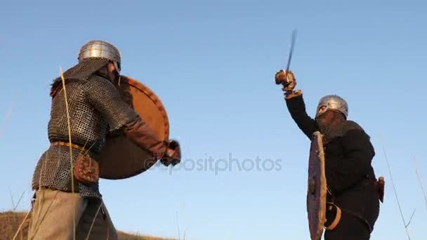 Kaksi soturia viikinki taistelevat miekat, kannet, kilvet niityllä
. - Materiaali, video
