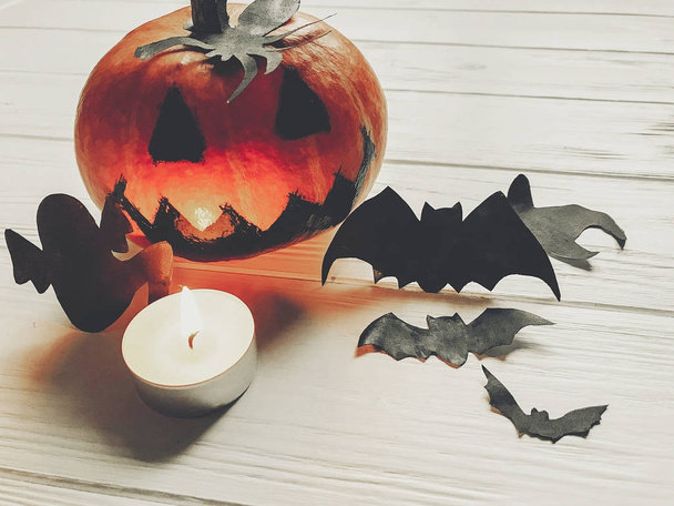 Halloween. Jack lantern tök pók és a boszorkány ghost denevérek - Fotó, kép