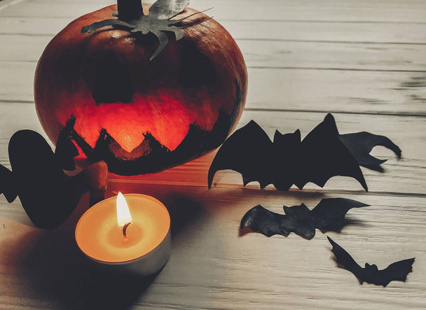 scary halloween. dark spooky jack lantern pumpkin with ghost bat - Foto, imagen
