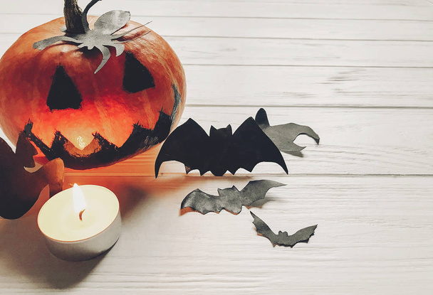 halloween. jack lantern pumpkin with witch ghost bats and spider - Фото, изображение