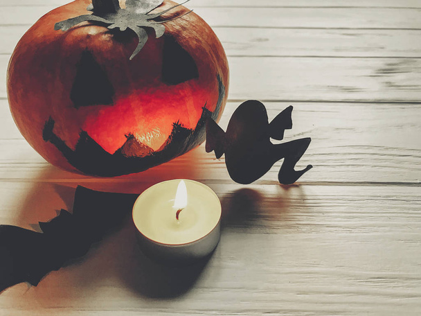 scary halloween. dark spooky jack lantern pumpkin with ghost bat - Photo, Image