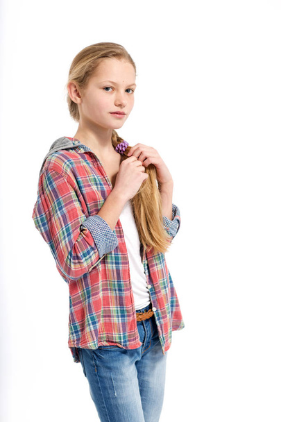 young cheerful teenage girl on white background - Foto, Bild