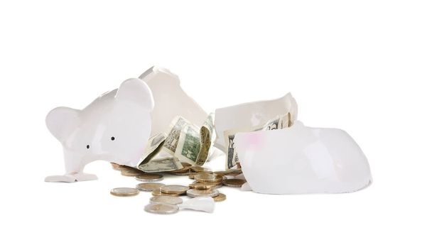 Broken piggy bank with money on white background - Photo, Image