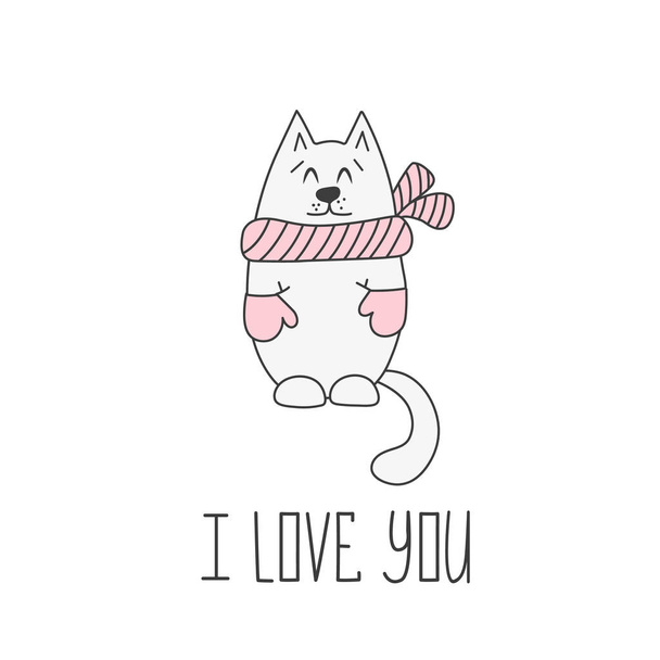 Valentines day card with cat. Vector illustration. - Vektör, Görsel