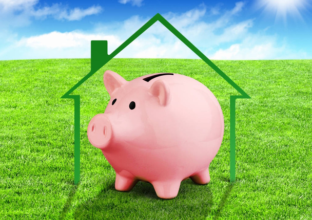 Ersparnisse für ein Hauskonzept, Sparschwein auf dem Feld - Foto, Bild