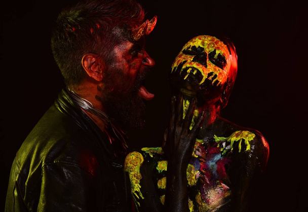 Halloween devil hipster with horns lick girl skull makeup face - Zdjęcie, obraz