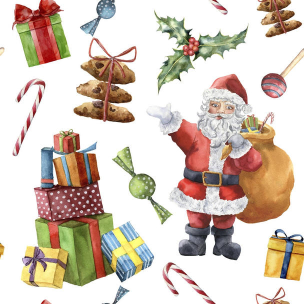 Aquarell-Weihnachtsmuster mit Weihnachtsmann. handbemalte Weihnachtsfigur mit Stechpalme, Bonbons, Plätzchen und Geschenken mit Schleife auf weißem Hintergrund. Urlaubsdruck für Design, Stoff - Foto, Bild